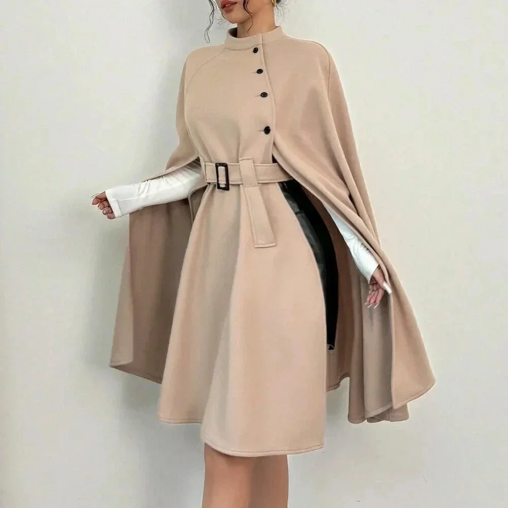 Khaki Elegant Women's Casual Cape Sleeve Button Decor Wool Blend Jacket - Picture 3 of 6